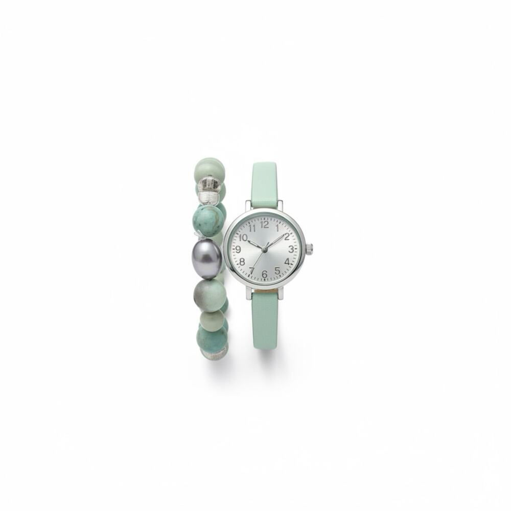 Mint Green Watch & Handmade Bracelet Set | New Battery | Faux Leather